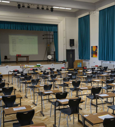 Photo of the inside of Helsby High School's exam hall.