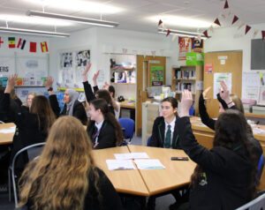 School Council meeting students raising their hands